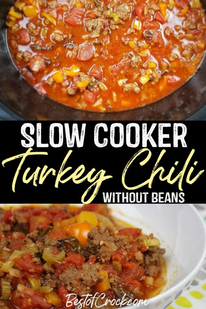 You can easily make the best crockpot turkey chili without beans and it will become a family-favorite crockpot recipe for lunch or dinner. Crockpot Turkey Chili No Beans | Crockpot Recipes for Two | Easy Slow Cooker Recipes | Crockpot Soup Recipes | Crockpot Dinner Recipes #chili #crockpotrecipes #slowcookerrecipes
