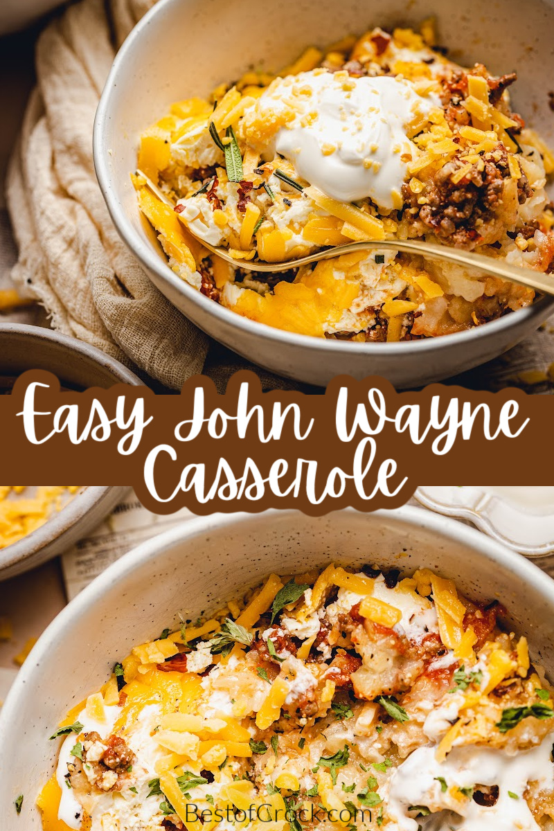 A crockpot John Wayne casserole can take the original John Wayne casserole recipe and make it a fun recipe with simple ingredients. John Wayne Potatoes | Cowboy Casserole | Slow Cooker Casserole Recipe | Crockpot Casserole Ingredients | Tater Tot Casserole | Crockpot Dinner Ideas | Simple Dinner Recipes via @bestofcrock