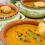 Instant Pot Roasted Red Pepper Soup Close Up of Four Bowls of Soup