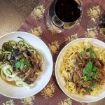 Dairy Free Slow Cooker Beef Stroganoff Two Bowls of Stroganoff with Wine Glasses