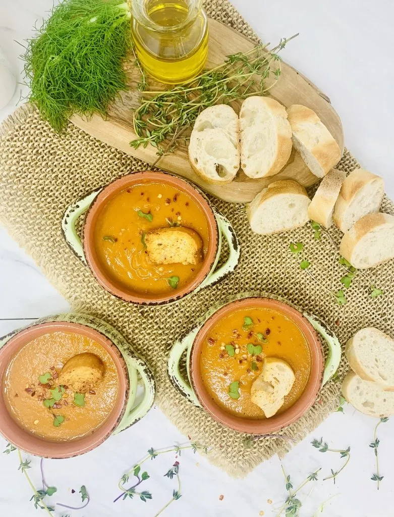 Instant Pot Roasted Red Pepper Soup Overhead View of Soup in Bowls with Bread