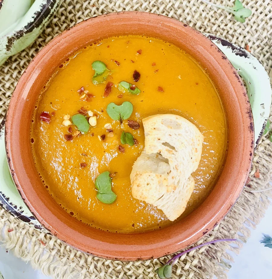 Instant Pot Roasted Red Pepper Soup Overhead View of Soup in Bowl