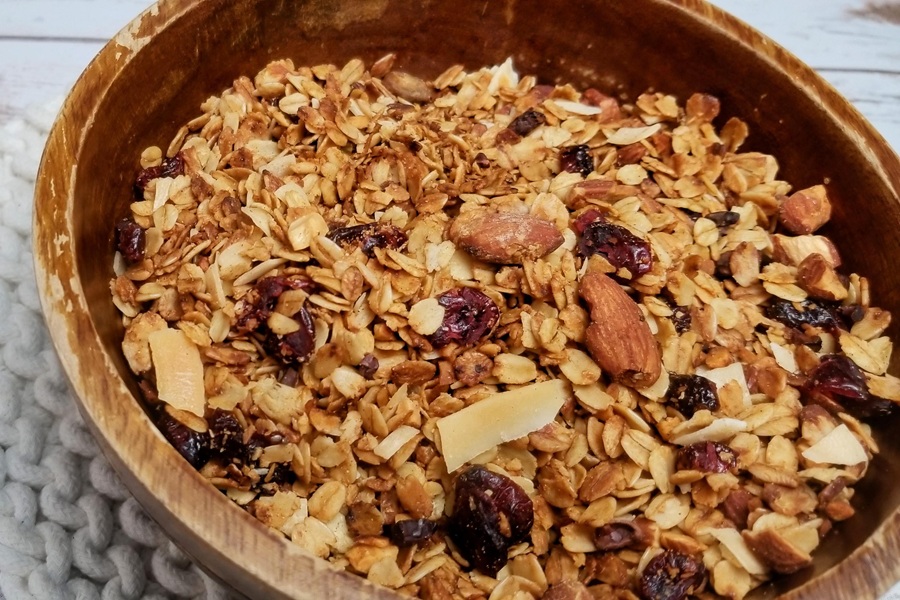 Crockpot Gluten Free Granola Recipe Close Up of Granola in a Wooden Bowl