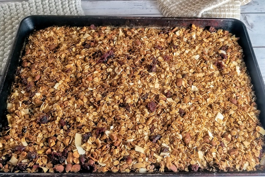 Crockpot Gluten Free Granola Recipe a baking Sheet of Granola