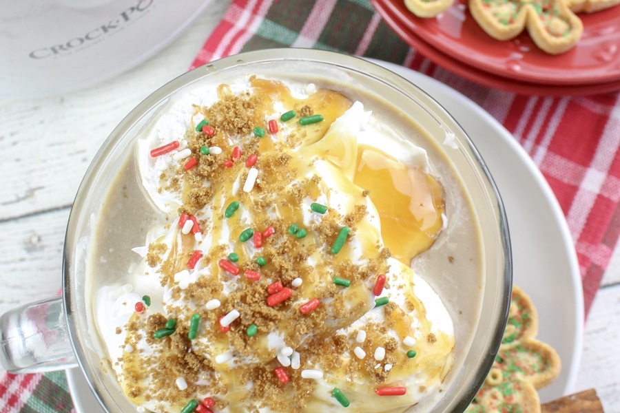 Festive Christmas Latte Recipe Close Up of Whipped Topping on a Latte with Caramel Sauce and Sprinkles