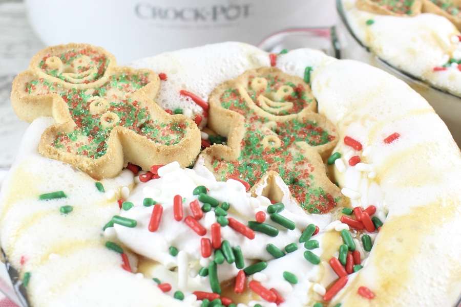 Festive Christmas Latte Recipe Close Up of Whipped Topping with Sprinkles and Gingerbread Cookies