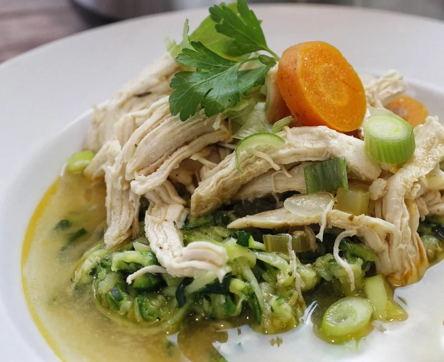 Healthy Instant Pot Chicken and Veggies Soup Side View of Soup