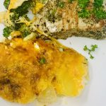 Instant Pot Sour Cream Scalloped Potatoes Close Up of Scalloped Potatoes with Chicken