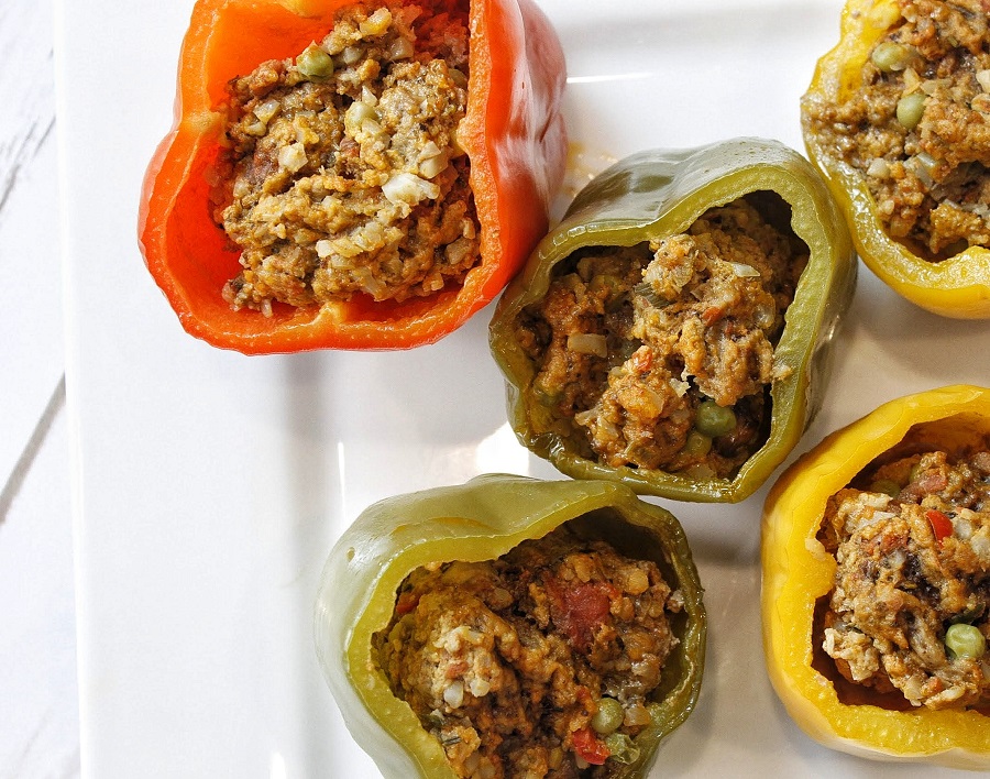 Low Carb Slow Cooker Stuffed Peppers Overhead View of Peppers on a Plate