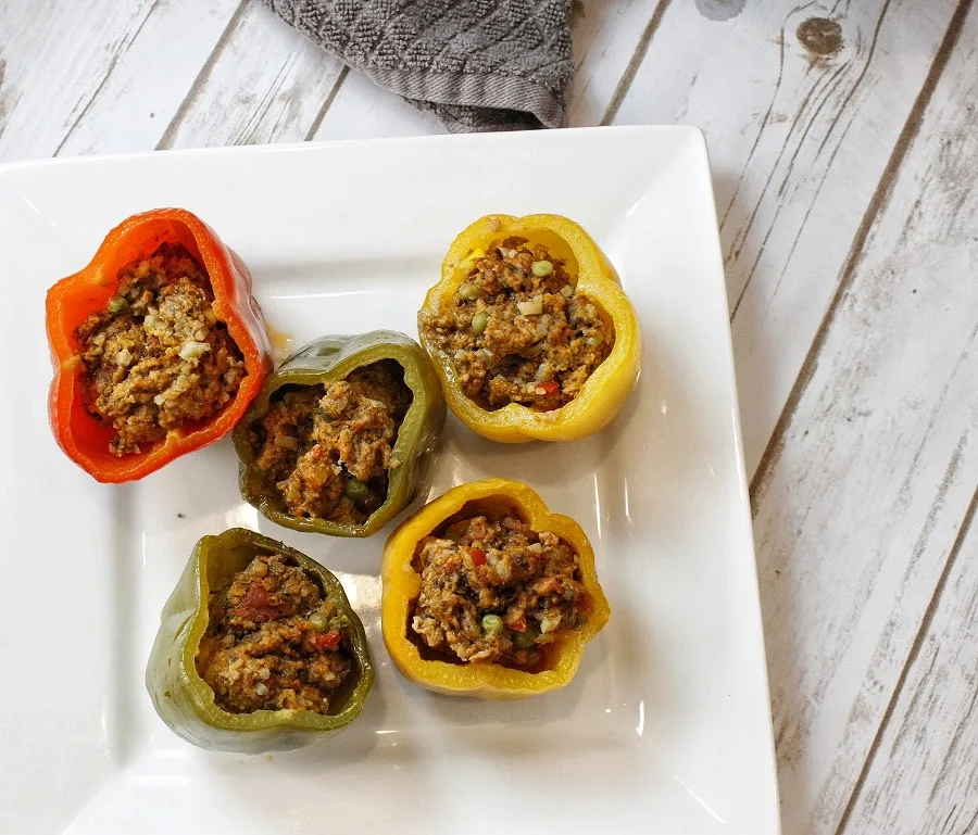 Low Carb Slow Cooker Stuffed Peppers Far Overhead View of Peppers on a Plate