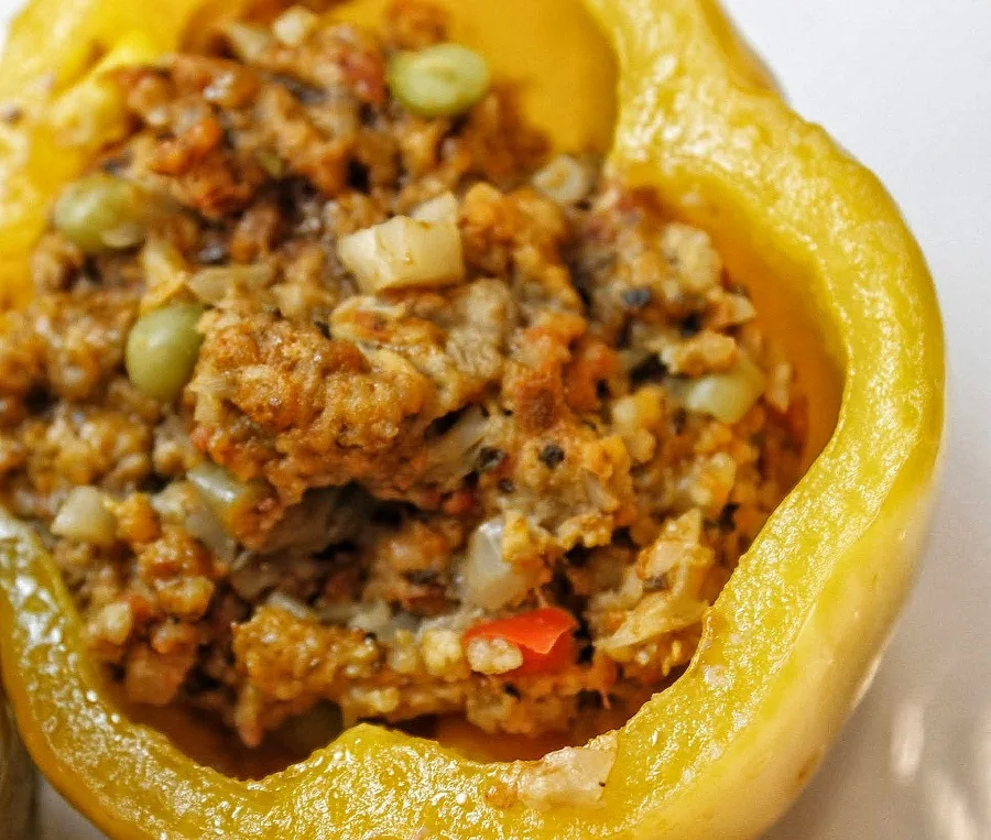 Low Carb Slow Cooker Stuffed Peppers Close Up of Yellow Pepper Stuffed with Ground Beef