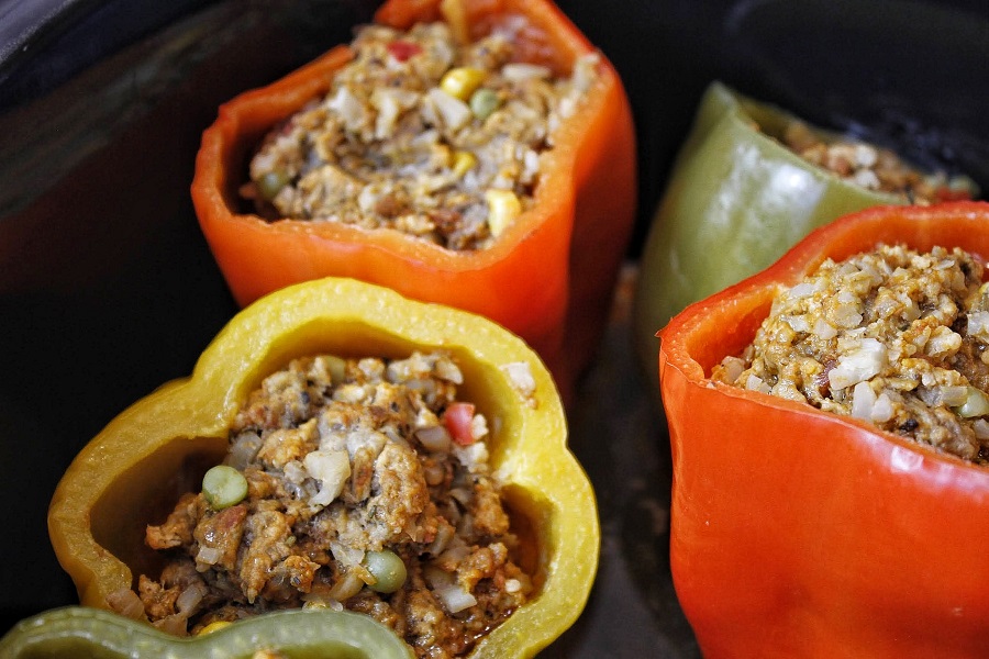Low Carb Slow Cooker Stuffed Peppers Close Up of Peppers in a Crockpot