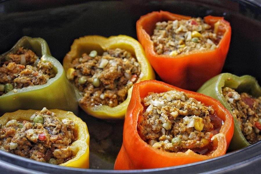 Low Carb Slow Cooker Stuffed Peppers Close Up of Red Peppers in a Crockpot