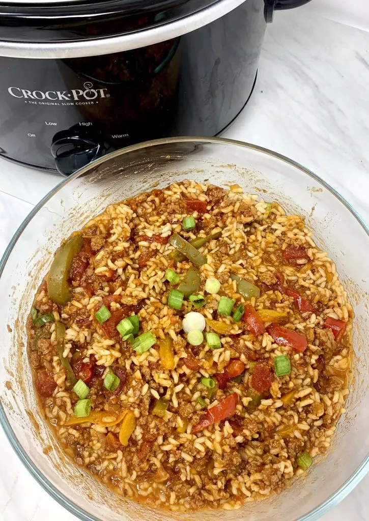 Crockpot Beef with Brown Rice and Vegetables Overhead View of a Bowl Filled with Beef Mixture