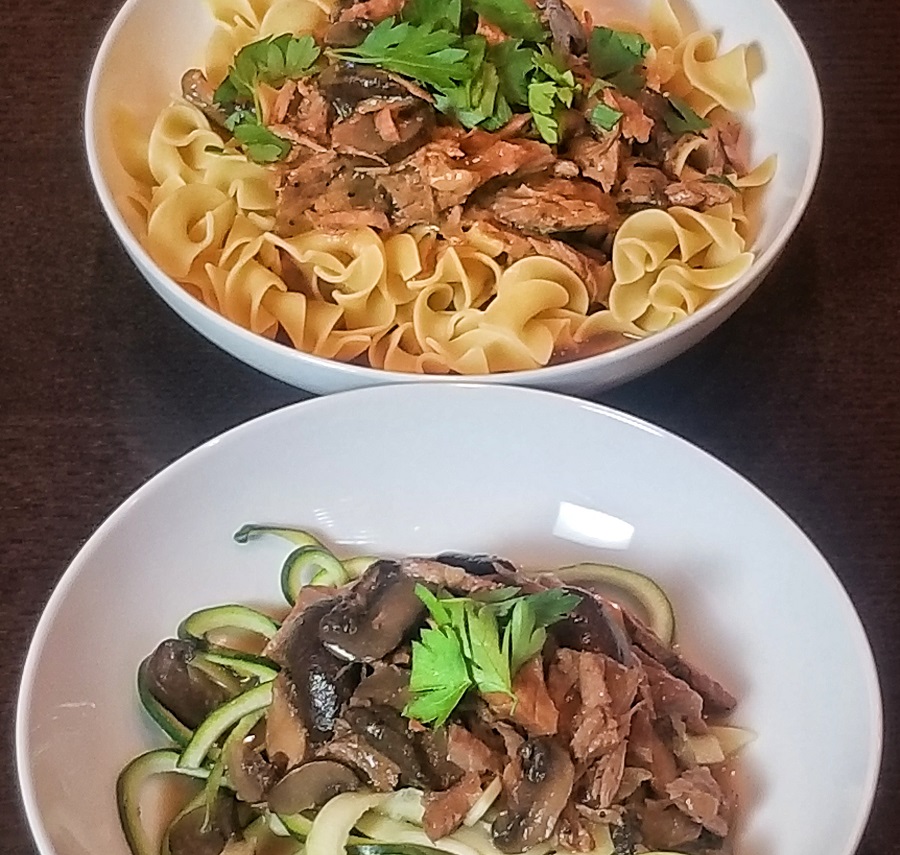 Easy Crock Pot Beef Stroganoff Recipes Two Plates One with Zoodles and One with Pasta