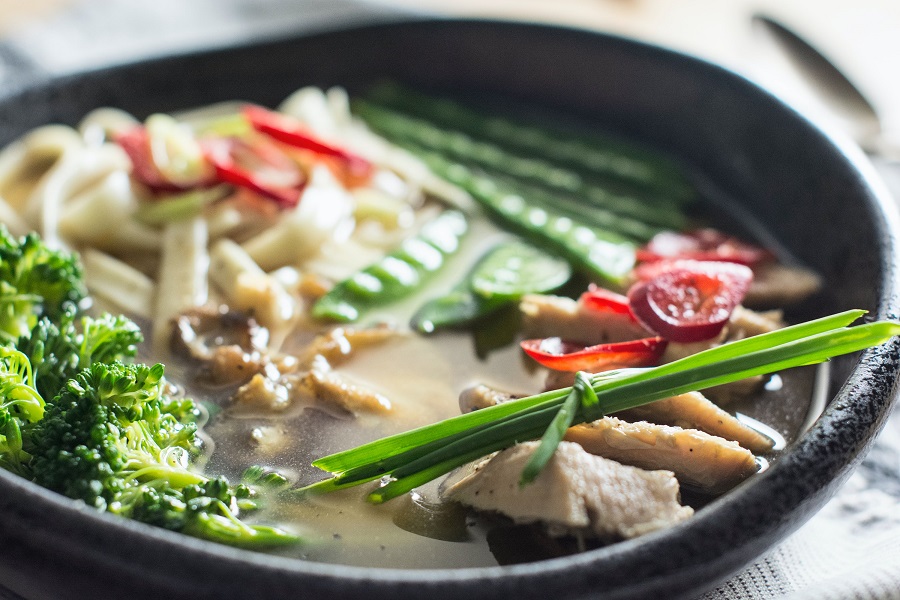 Healthy Instant Pot Chicken Soup Recipes Close Up of a Black Bowl Filled with Soup