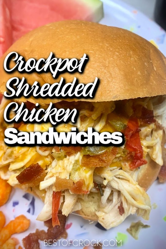 These crockpot shredded chicken sandwiches are easy and perfect for a quick lunch or dinner. You can also use the chicken as a salad topper making it a healthy crockpot recipe as well. Crockpot Shredded Chicken Recipes Easy | Slow Cooker Chicken Recipes | Dinner Recipes with Chicken | Crockpot Sandwiches with Chicken | Chicken and Bacon Recipe | Crockpot Dinner Recipes with Chicken #chicken #crockpot