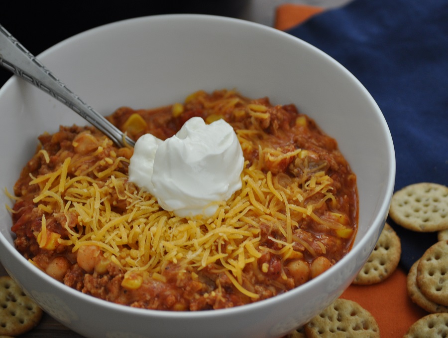 Crockpot Turkey Chili Recipes Overhead View of a Bowl of Chili