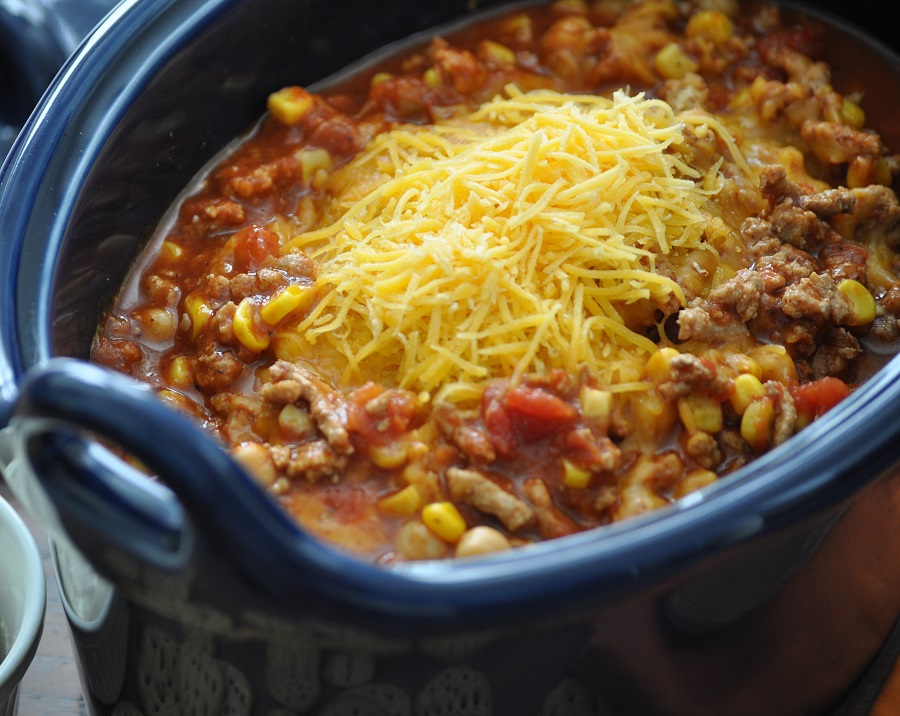 Crockpot Turkey Chili Recipes Overhead View of a Crockpot with Chili Inside