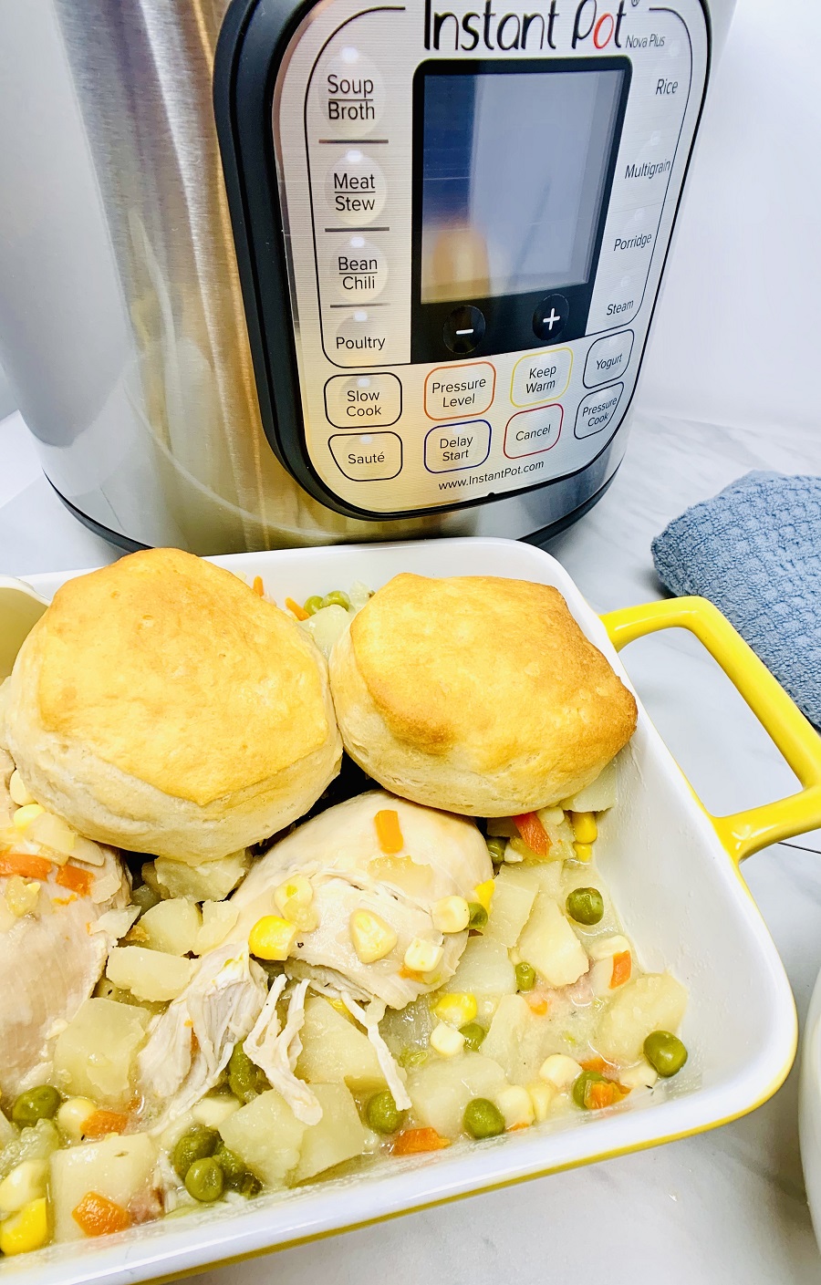 Pressure Cooker Chicken Pot Pie Recipes Dish of Chicken Pot Pie in Front of an Instant Pot