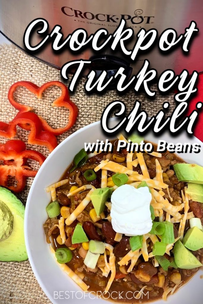 Crockpot turkey chili with pinto beans is an easy and healthy slow cooker dinner! Save time in the kitchen and add this crockpot dinner recipe to your meal planning. Healthy Crockpot Turkey Chili | Crockpot Recipes with Turkey | Ground Turkey Recipes Slow Cooker | Slow Cooker Chili Recipe | Crockpot Dinner Recipes #crockpot #chili