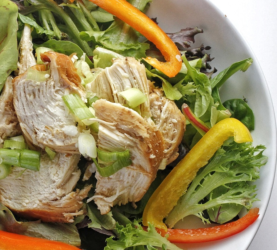 Instant Pot Teriyaki Chicken Overhead View of Chicken on a Salad