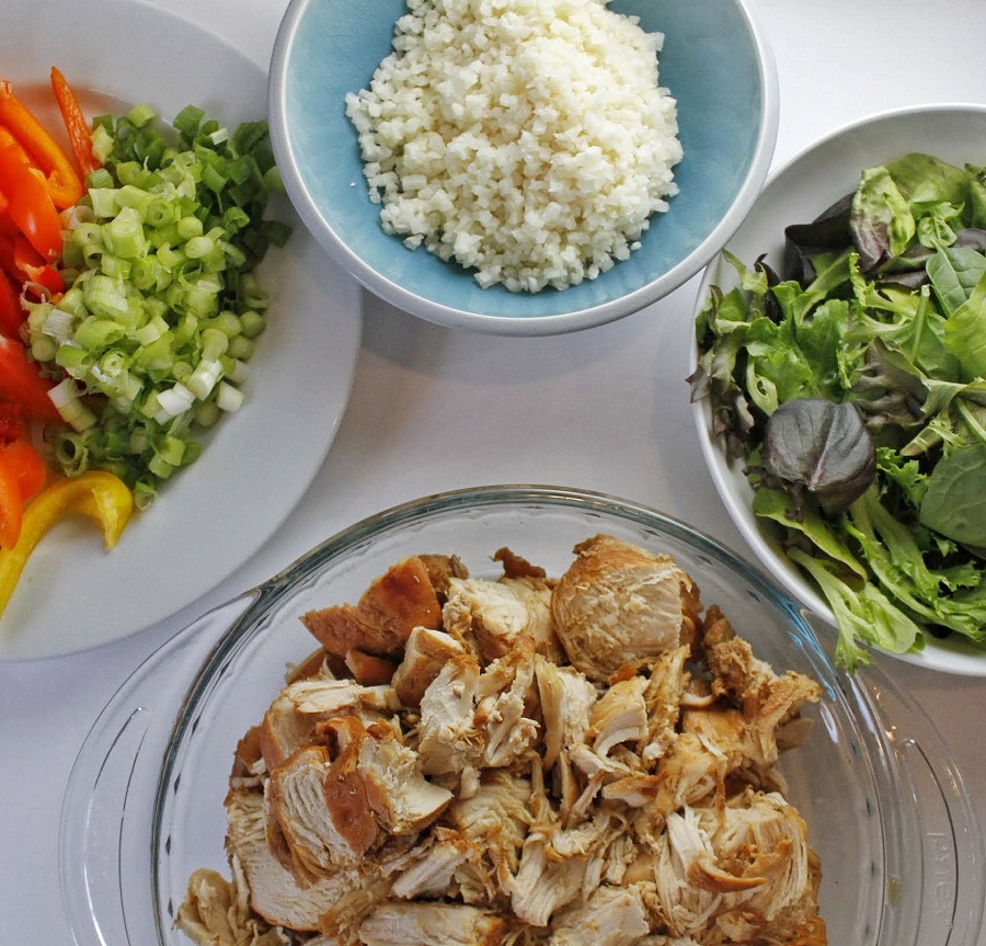 Instant Pot Teriyaki Chicken Bowls Filled with Ingredients to Serve Chicken