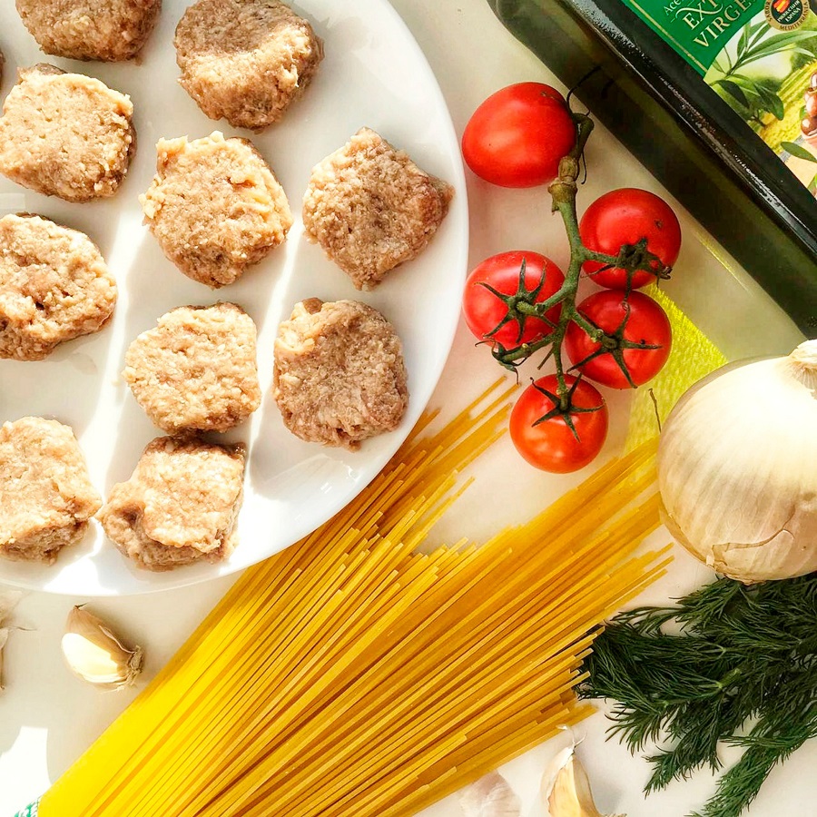 Instant Pot Meatballs and Pasta Recipes Pasta and Meatballs Ingredients Spread Out on a Counter