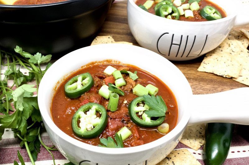 Instant Pot Recipes with Ground Beef Overhead View of a Bowl of Chili with Jalapenos On Top