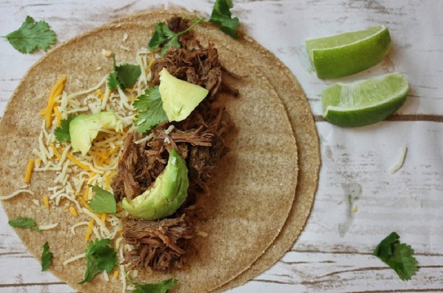 Slow Cooker Beef Barbacoa Recipes Overhead View of a Taco with Barbacoa Beef