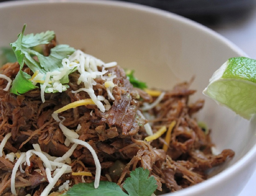Slow Cooker Beef Barbacoa Recipes Close Up of Barbacoa Beef in a Bowl