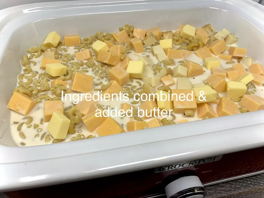 Budget Friendly Slow Cooker Macaroni and Cheese Ingredients in a Crockpot