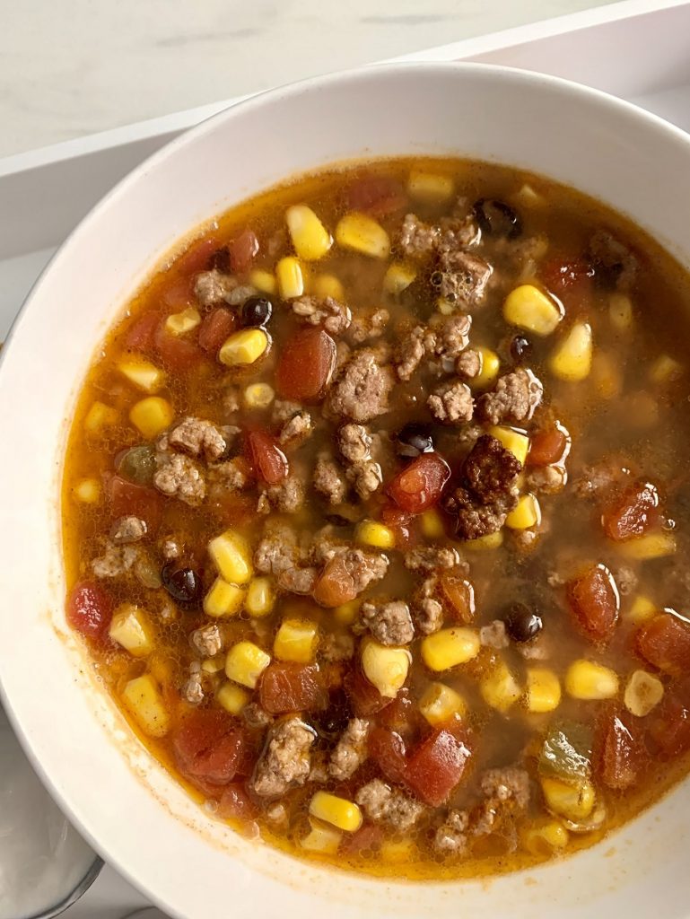 Crockpot Taco Soup Recipe with Beans Overhead View of a Bowl of Soup