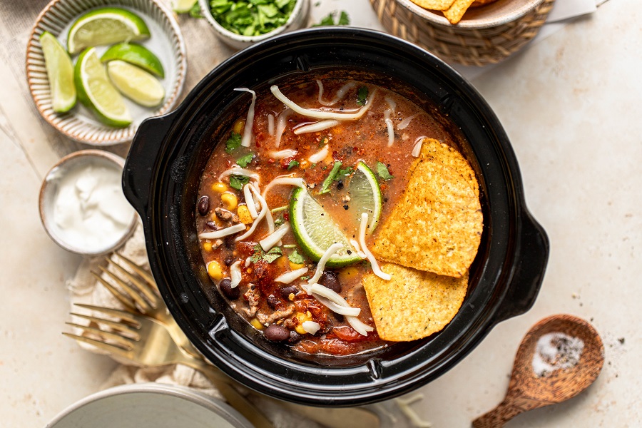 Crockpot Taco Soup Recipe Overhead View of a Crockpot with Taco Soup