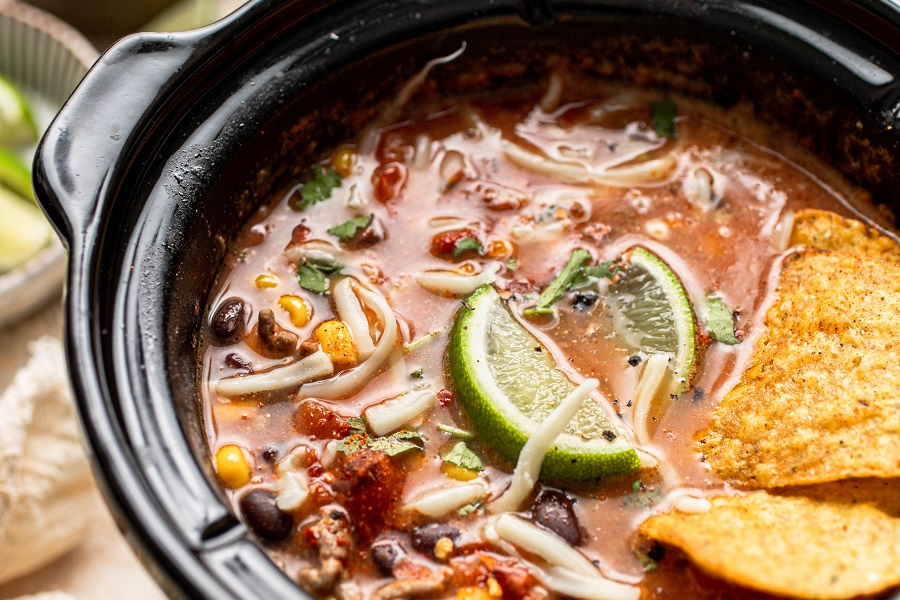 Crockpot Taco Soup Recipe Close Up of Taco Soup Cooking in a Crockpot