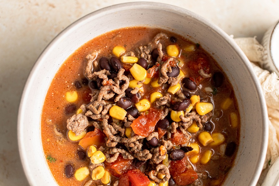 Crockpot Taco Soup Recipe Overhead View of a Bowl of Taco Soup