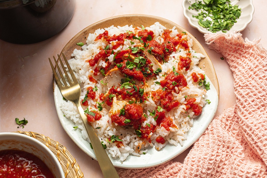 Salsa Chicken and Rice Crock Pot Recipe a Plate of Salsa Chicken and White Rice