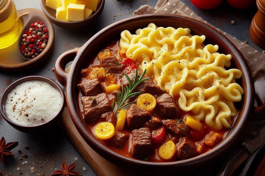 Healthy Instant Pot Goulash Recipes a Big Bowl of Goulash on a Cutting Board with a Small Bowl of Salt Next to it