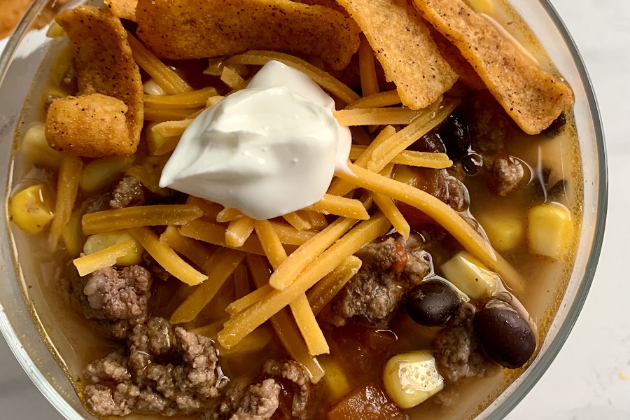 Close Up of Crockpot Taco Soup Recipe with Beans