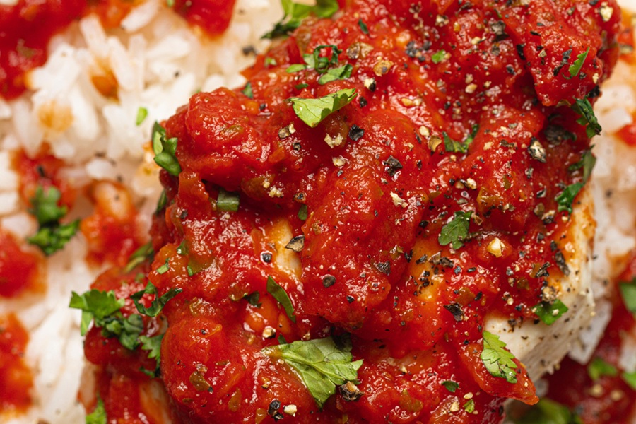 Salsa Chicken and Rice Crock Pot Recipe Extreme Close Up of Salsa on Chicken