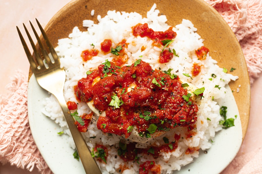 Salsa Chicken and Rice Crock Pot Recipe Overhead of a Plate of Salsa Chicken and White Rice