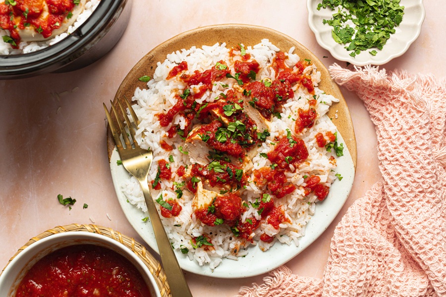 Salsa Chicken and Rice Crock Pot Recipe a Plate of Salsa Chicken with White Rice