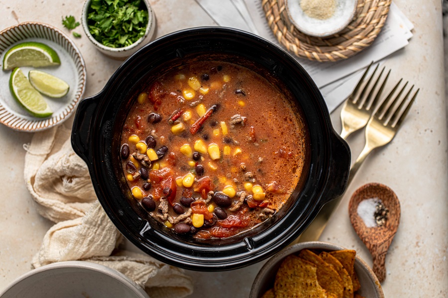 Crockpot Taco Soup Recipe Overhead View of a Crockpot Filled with Taco Soup