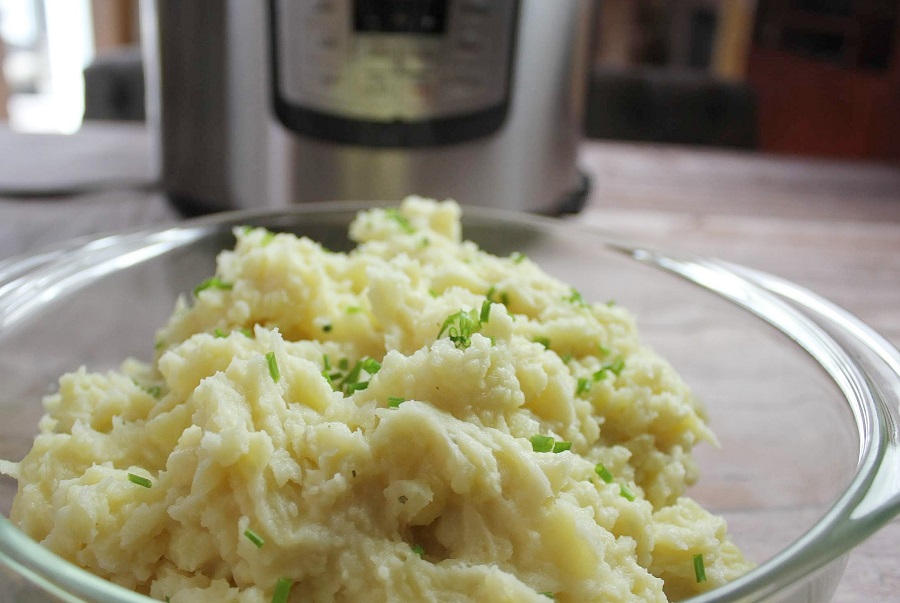 Instant Pot Summer Side Dish Recipes Close Up of Mashed Potatoes with an Instant Pot in the Background