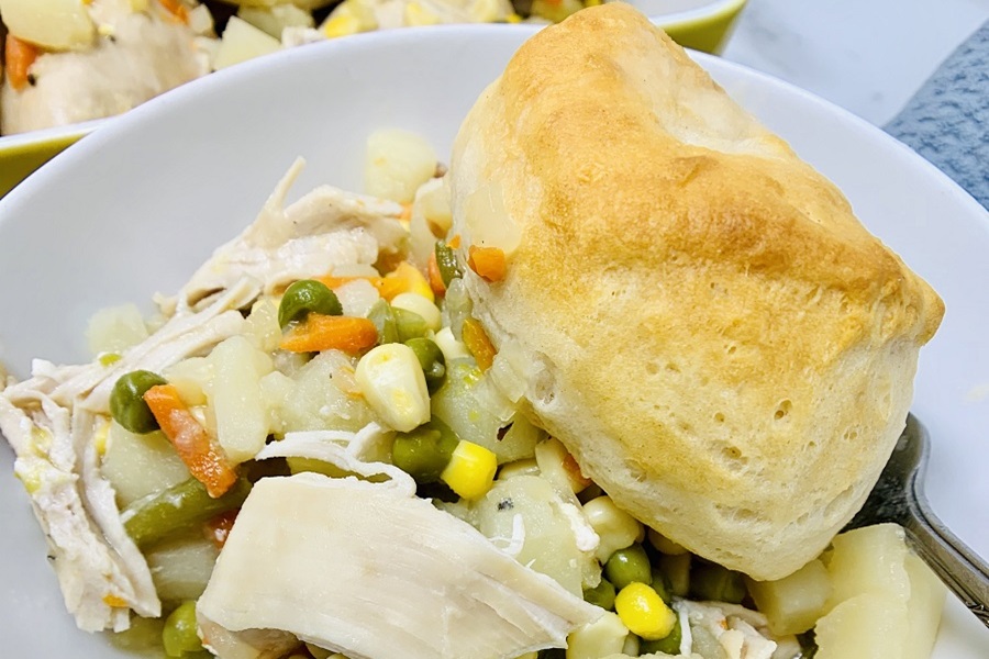 Quick Chicken Pot Pie Casserole Recipes Close Up of a Serving of Casserole with a Biscuit On Top