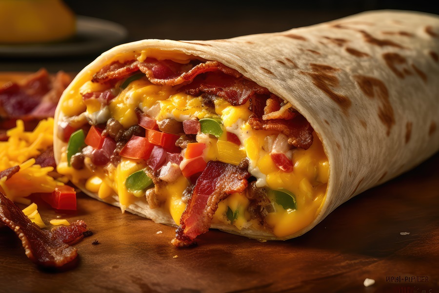 Instant Pot Breakfast Burrito Recipes Close Up of a Burrito Cut in Half Filled with Bacon, Eggs, Onions, Chives, and Salsa