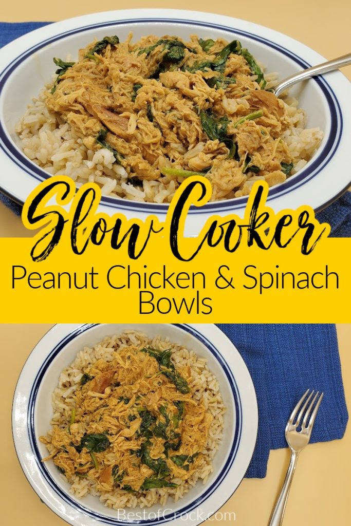 The crock pot peanut chicken and spinach bowl recipe can help make a healthy crock pot meal for dinner and the whole family. Peanut Chicken Recipes | Chicken Recipes with Spinach | Slow Cooker Chicken Dinners | Crockpot Recipes with Chicken | Family Dinner Recipes | Thai Crockpot Recipes #crockpot #recipe