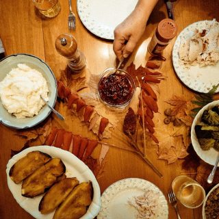 Instant Pot Thanksgiving Recipes for Dessert Overhead View of a Table Set for Thanksgiving