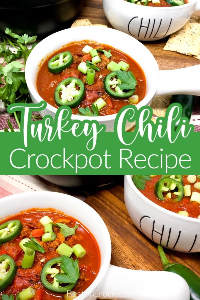 Crockpot turkey chili with pinto beans is an easy and healthy slow cooker dinner! Save time in the kitchen and add this crockpot dinner recipe to your meal planning. Healthy Crockpot Turkey Chili | Crockpot Recipes with Turkey | Ground Turkey Recipes Slow Cooker | Slow Cooker Chili Recipe | Crockpot Dinner Recipes #crockpot #chili