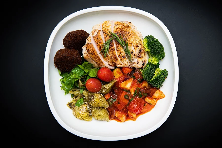 How to Cook Instant Pot Chicken Overhead View of a Plate of Chicken and Veggies